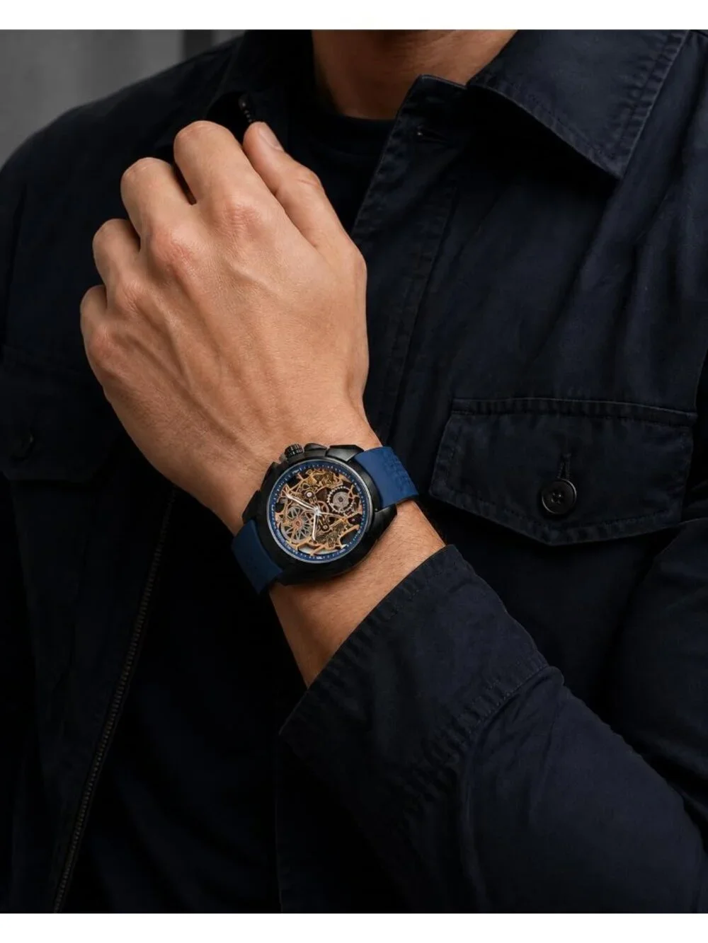 Men's Blue Skeleton Luminous Quartz Silicone Strap Round Hollow Dial Wrist Watch